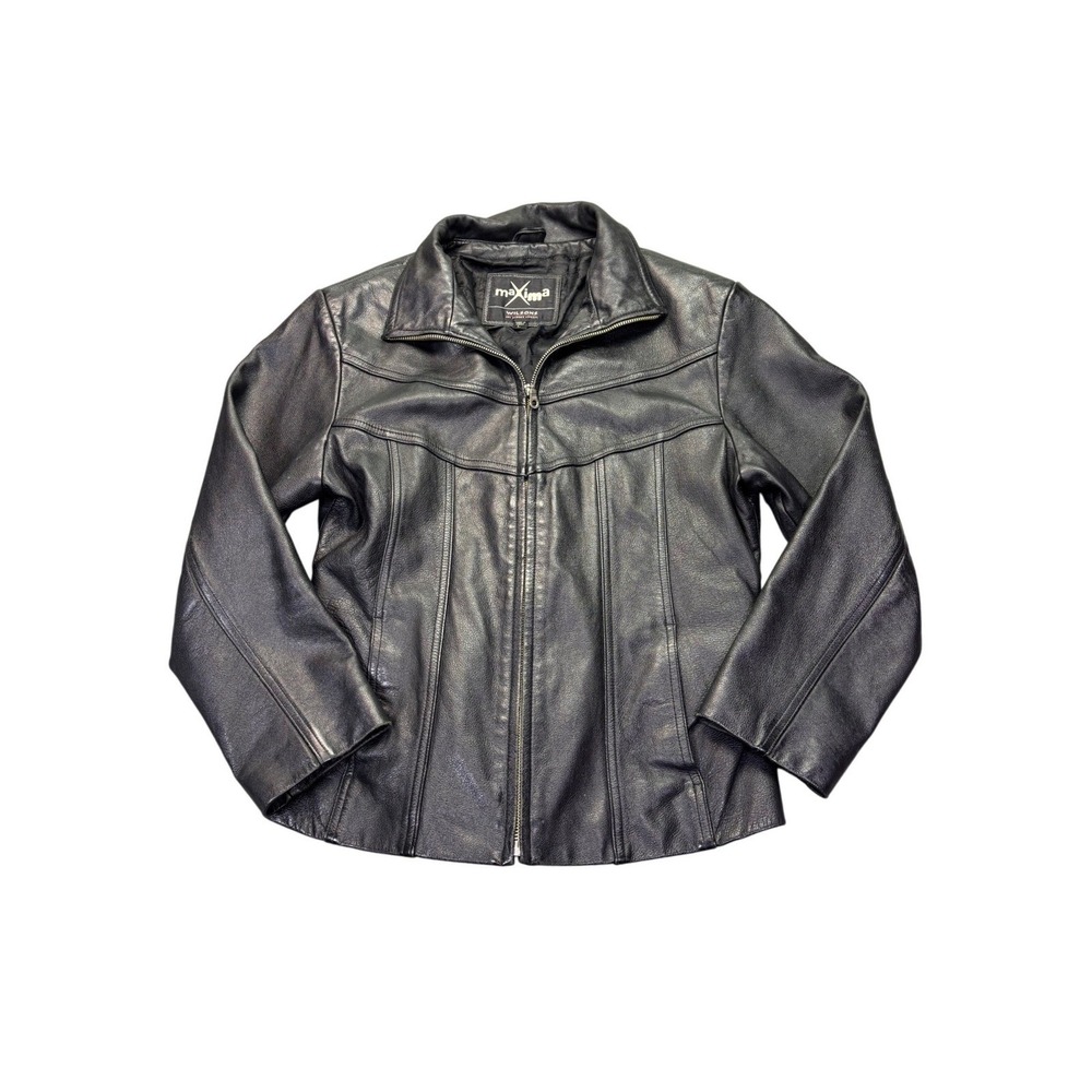 Wilsons Maxima 90's Black Leather Jacket Women's Large Zip Front Moto Style Coat